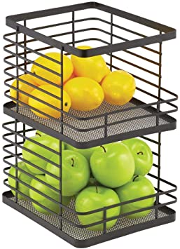 mDesign Farmhouse Decor Stackable Metal Wire Food Organizer Storage Bin Basket with Open Front for Kitchen Cabinets, Pantry for Organizing Fruits, Snacks, Vegetables, 2 Pack - Matte Black