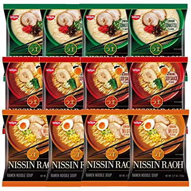 Nissin RAOH Ramen Variety Packs Noodle Soup, Umami Tonkotsu, Soy Sauce, and Miso, Plastic Forks Included For Your Convenient (Pack of 12)
