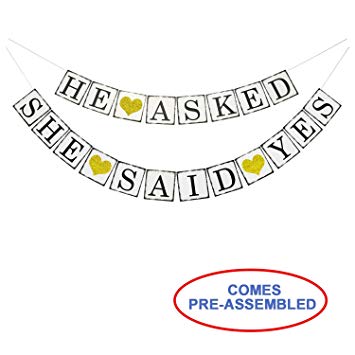 He Asked She Said Yes Gold Glitter Banner - Engagement Bridal Shower Party Decorations - Photo Props Signs