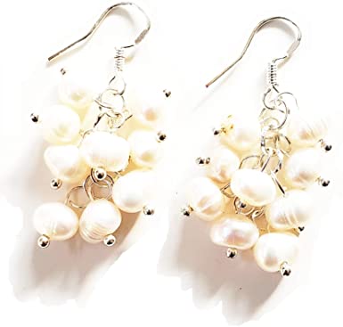 1.5" Beautiful Asymmetrical White Freshwater Pearl Handmade Cluster Earrings