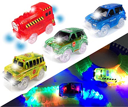 [4 PACK] Light Up Track Replacement Race Cars Toy/Tracks Trains | Glow in the Dark | w/ 5 LED Lights | For Independent & Track Play | Track Accessories Compatible with Most Tracks for Boys and Girls