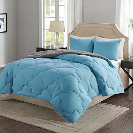 Comfort Spaces – Vixie Reversible Down Alternative Comforter Mini Set - 3 Piece – Teal and Grey – Stitched Geometrical Pattern – Full/Queen size, includes 1 Comforter, 2 Shams