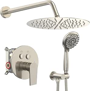 SR SUN RISE Shower System, 12 inch Multifunction Shower Faucet Set, 6 Setting High Pressure Handheld Rain Shower Head Kits, Valve Included - Push Button Diverter,Stainless Steel,Brushed Nickel