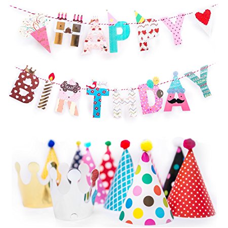 Fun and Colorful Gold Foiled Happy Birthday Banner Flags and Kids Party Hats and Crowns Set – Party Decoration Supplies