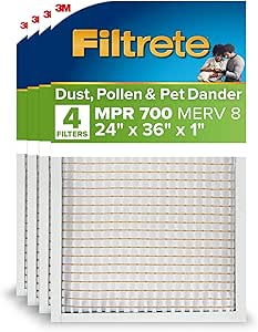 Filtrete 24X36X1 Air Filter, MPR 700, MERV 8, Clean Living Dust, Pollen and Pet Dander Reduction 3-Month Pleated 1-Inch Air Filters, 4 Filters