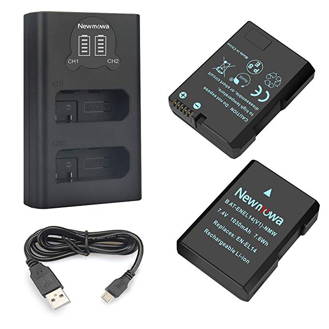 Newmowa EN-EL14 EN-EL14A Replacement Battery (2 Pack) and Smart LCD Display Dual USB Charger for Nikon EN-EL14, EN-EL14A and Nikon P7000, P7100, P7700, P7800, DF, D3100, D3200, D3300, D3400, D3500, D5100, D5200, D5300, D5500, D5600