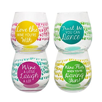 TMD Holdings Stemless Wine Glass with Bright Quotes and Sayings (Set of 4), 16 oz, Multicolored