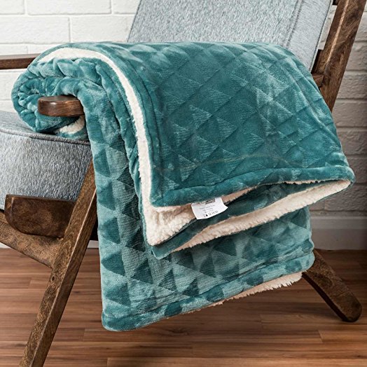 Teal Velvet Throw Geometric Triangle Soft Touch Plush Blanket Sherpa Throw for Bed or Sofa - 160 x 200cm