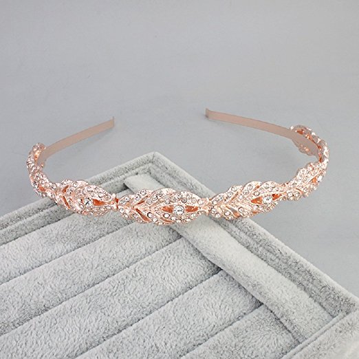 Ammei Rose Design Rhinestone Crystal Wedding Headband Bridal Headpieces Simple Design Bridal Headband (Rose Gold)