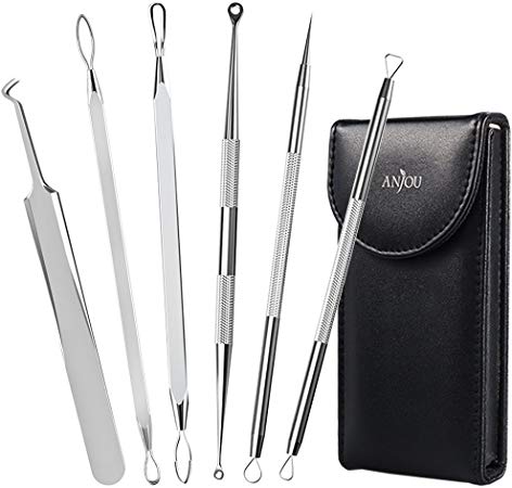 Anjou Blackhead Remover Comedone Extractor, Curved Blackhead Tweezers Kit, 11-Heads Professional Stainless Pimple Acne Blemish Removal Tools Set, Silver