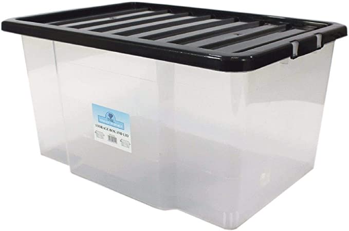 VSL 5 x 50 Litre Plastic Storage Box - Quality Container with Black Lid - Stackable