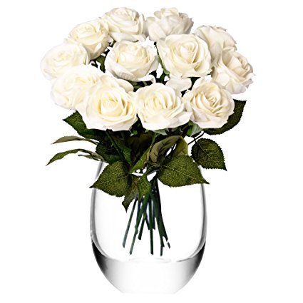 Feyarl 12-Piece 17.4 inch Premium Material Real Touch Artificial Flowers Roses for Wedding Party (Vase is not included) - (White)