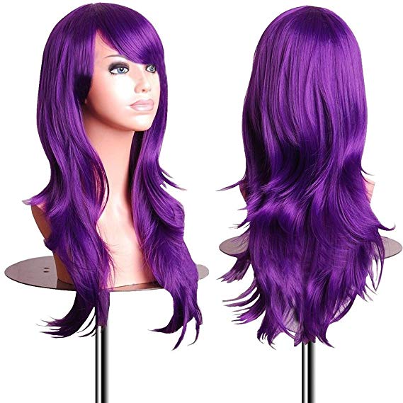 EmaxDesign Wigs 28 inch Wavy Curly Cosplay Wig With Free Wig Cap and Comb (Dark Purple)
