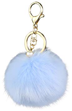 Key Chain Accessories for Women - Light Blue Faux Fur Ball Charm and Artificial Pearl with Key Ring