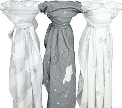 Kids N’ Such Extra-Large Muslin Baby Swaddle Blanket, Elephant Dreams, 47 x 47, 3 Pack