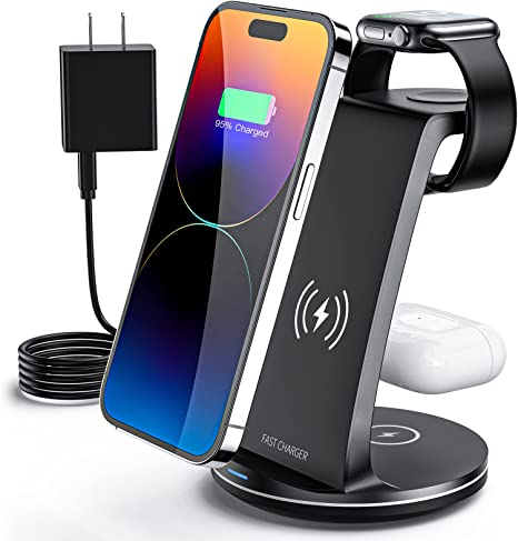 FEANS Wireless Charger 3 in 1 Fast Charging Station Wireless Charger Stand for iPhone 14/13/12/11/Pro/Max/XS/XR/8/Plus/SE, Samsung, for Apple Watch 8/7/6/5/4/3/2/1/SE, for AirPods 3/2/Pro with Adapter