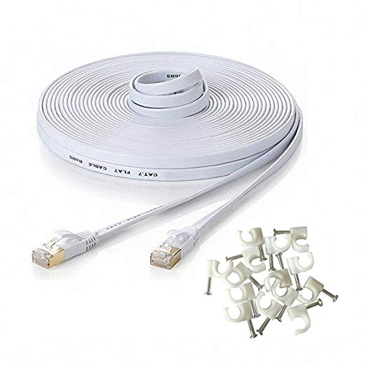 HANYUN CAT7 Double Shielded (SSTP) 10 Gigabit 600MHz Ethernet LAN Network Flat Cable High Speed Patch Cord - Built with Copper Plated & Shielded RJ45 Connectors (50ft/15m, White)