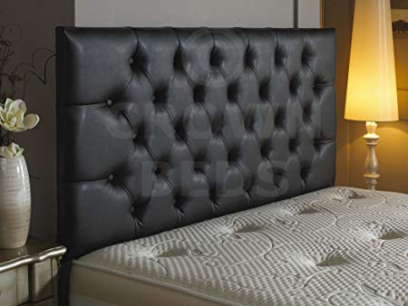 CROWNBEDSUK QUALITY FAUX LEATHER HEADBOARD MATCHING BUTTONS (BLACK, 5FT)