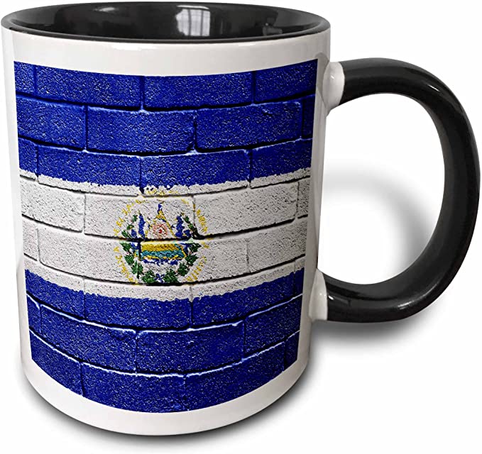 3dRose National flag of El Salvador painted onto a brick wall Salvadorian Mug, 11 oz, Black