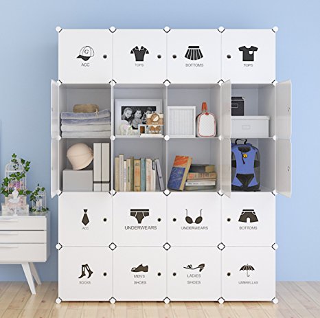 Unicoo - Multi Use DIY 20 Cube Organizer, Toy Organizer, Bookcase, Storage Cabinet, Wardrobe Closet With Door Sticker (Regular Cube, White)