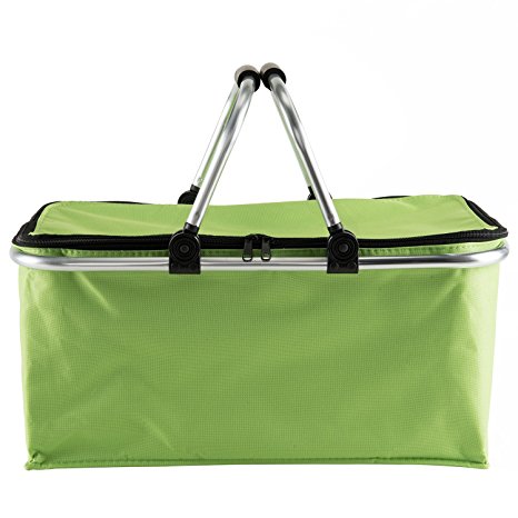 Picnic Basket Collapsible Shopping Folding Insulated Bag Large Capacity Market Baskets (Green)