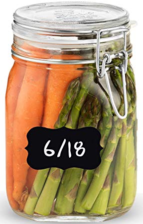 Bormioli Rocco Glass Fido Jars - 33.¾ Ounce - 1 Liter - with hinged hermetically Sealed Airtight lid for Fermenting, Canning, Preserving, With Exclusive Paksh Novelty Chalkboard Labels Set (1 Jar)