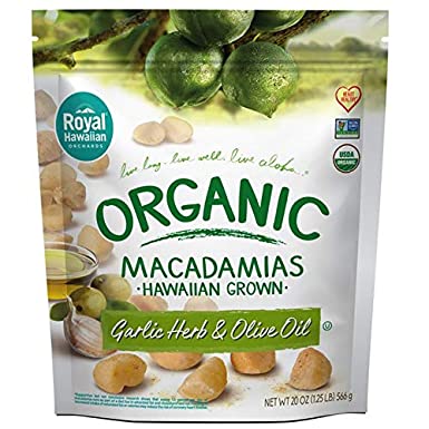 Royal Hawaiian Organic Dry Roasted Garlic Herb and Olive Oil Macadamia Nuts, 20 oz Bag