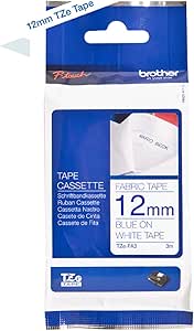 Brother TZe-FA3 P-touch Textil-Aufbügelband (12 mm breit, 3 m lang, blau auf weiß, u.a. für P-touch H200, H100LB/R, H105, E100/VP, D200/BW/VP, waschbar, auch für chemische Reinigung geeignet) TZEFA3