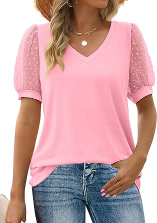 Aokosor Womens Summer Tops V Neck T Shirts Swiss Dot Puff Sleeve Tops Loose Casual Tshirts