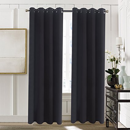 Aquazolax Premium Thermal Insulated Blackout Drapery Solid Curtain Panels for Bedroom, 52 x 95 Inch, Black, Set of 2