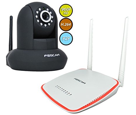 Foscam FI9831P 1.3 Megapixel (960P) WiFi IP Camera & FR305 WiFi Router/Repeater Bundle, Dual Range Amplification - Black