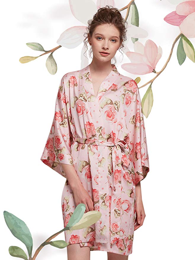 AW Women Floral Satin Robe Wedding Bride Bridesmaid Sleepwear Bathrobe Kimono Short