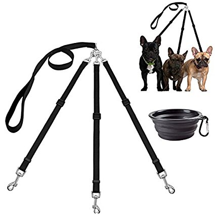 MoSANY 3 Way Dog Leash   a Collapsible Travel Bowl, Nylon Adjustable Coupler No Tangle Detachable 3 In 1 Multiple Dog Pet Cat Puppy Leash with Soft Padded Handle