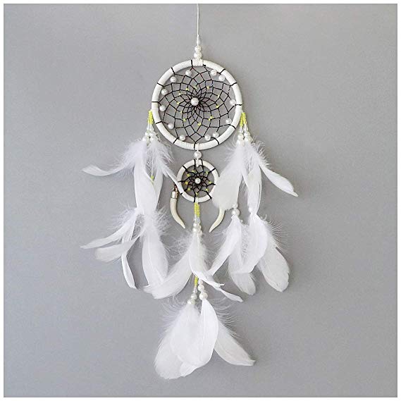 Dream Catcher ~ Handmade Traditional Feather Wall Hanging Home Decoration Decor Ornament Craft (White NO.2)