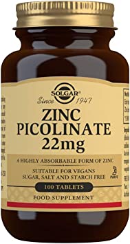 SOLGAR® Zinkpicolinat | Hochdosiert mit hoher Bioverfügbarkeit | Unterstützend für Haut, Haare, Nägel und das Immunsystem | 100 vegane Tabletten