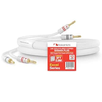 Nakamichi Excel Series 24k Gold Plated Banana Plug with (3 Feet) 12AWG Speaker Cable Wire 99.9% Oxygen-Free Copper (OFC) Heavy Duty Braided for Amplifier Hi-Fi Home Theatre - White (3ft/0.9m)