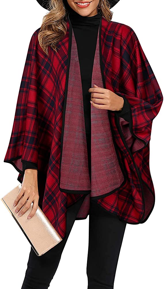 Lotusmile Women's Classic Plaid Shawl Wrap Long Winter Open Front Poncho Cape