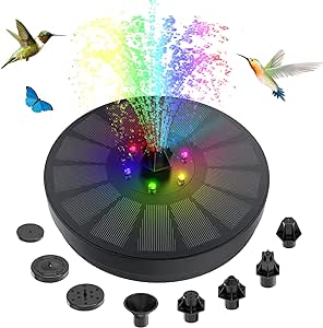 Solar Bird Bath Fountain, 3W Solar Powered Water Fountain with Color LED Lights 8 Nozzles & 4 Fixed Pumps for Bird Bath, Fish Tank, Pool, Aquarium and Garden Decoration