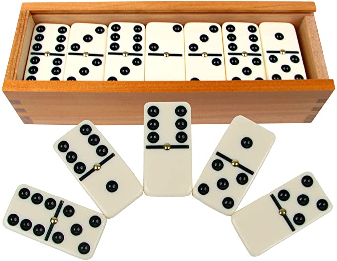 Dominoes Set- 28 Piece Double-Six Ivory Domino Tiles Set, Classic Numbers Table Game with Wooden Carrying/Storage Case by Hey! Play! (2-4 Players)