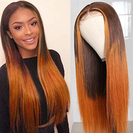 Beauty Forever LT4/30 Ombre Colored Silk Base Fake Scalp Wigs Human Hair Straight Closure Wigs for Women,Brazilian Remy Hair Wig 150% Density 100% Virgin Human Hair Wig Middle Part 24 Inch