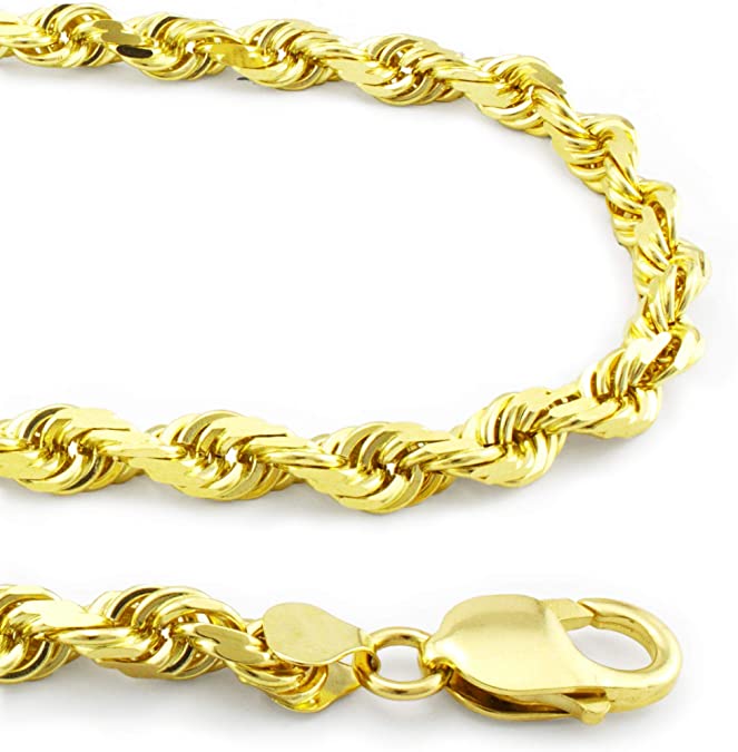 Nuragold 10k Yellow Gold 6mm Rope Chain Diamond Cut Pendant Necklace, Mens Jewelry Lobster Lock 20" 22" 24" 26" 28" 30"