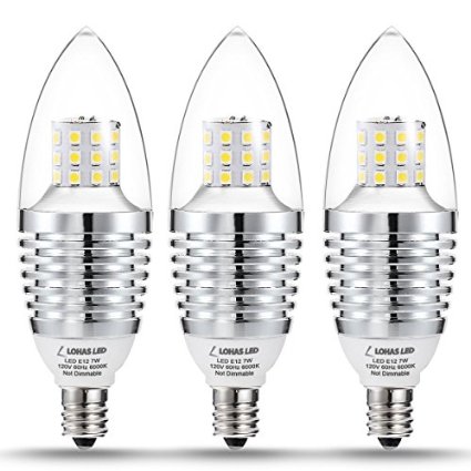3 Pack LED Candelabra Bulb 7W Daylight White 6000K LOHAS LED Candle Bulbs 65-70 Watt Incandescent Bulb Replacement E12 Candelabra Base680 Lumens LED LightsTorpedo Shape