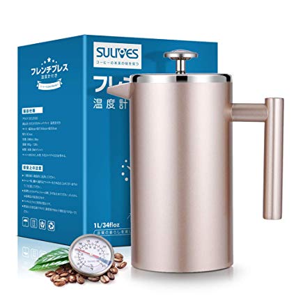 SULIVES Large Stainless Steel French Press Coffee Maker Double Wall Vacuum Insulated Stainless Steel- 34 floz/ 1000 milliliter (Champagne Gold)