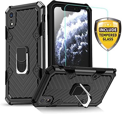 for iPhone XR Case DMDMBATH Case for iPhone XR with Ring Holder Screen Protector Kickstand camera lenses Protection All-Inclusive Thickened Anti-Fall Hard Pc   TPU Back Shell Magnetic Car Mount (Black)