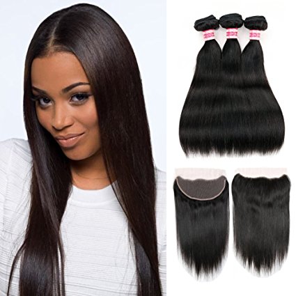 Fabeauty 7A (18 18 20 16) Human Hair Extensions 3 Bundles with Lace Frontal Closure Brazilian Straight Wave Hair 3 Pcs with Closure-Full Frontal Lace Closure (134 ), Natural Black