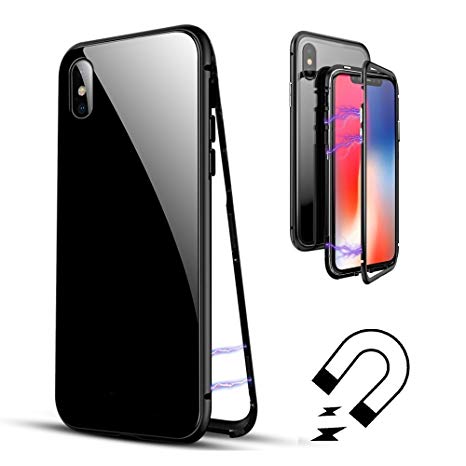 iPhone X Case Full Body Slim Fit Ultra-Thin Lightweight Case Strong Magnetic Adsorption Technology Titanium Alloy Bumper Frame Tempered Glass Back Support Wireless Charging for iPhone X/10 (Black)