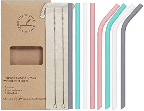 YIHONG Set of 8 Big Silicone Drinking Straws,Reusable Straws for 20 oz and 30oz Tumblers,Eco-friendly Straws for Milkshake Smoothies- 8mm Diameter- 9.8 Inch Long- 4 Straight 4 Bent 2 Brushes 1 Pouch