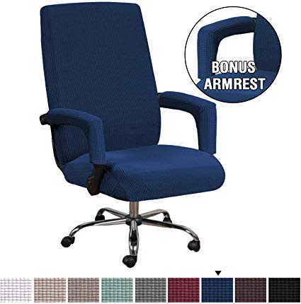 H.VERSAILTEX Computer Office High Back Large Chair Covers Stretchable Jacquard Polyester Washable Rotating Chair Slipcovers with Armrest Covers, Machine Washable/Non Skid Slipcover(Large,Navy)