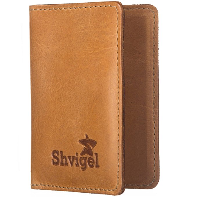 Shvigel Leather Credit Card Holder - for Men & Women - Minimalist Slim Wallet - Small Front Pocket Case