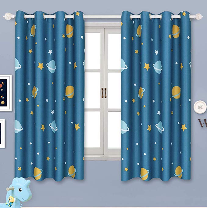 BGment Blackout Boy Curtains - Grommet Thermal Insulated Room Darkening Printed Star Planet Space Patterns Nursery and Kids Bedroom Curtains, Set of 2 Curtain Panels (52 x 63 Inch, Navy Blue)